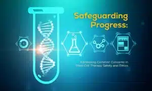A graphic showing a DNA strand in a test tube, surrounded by science icons, with the title "Safeguarding Progress: Addressing Common Concerns in Stem Cell Therapy Safety and Ethics.