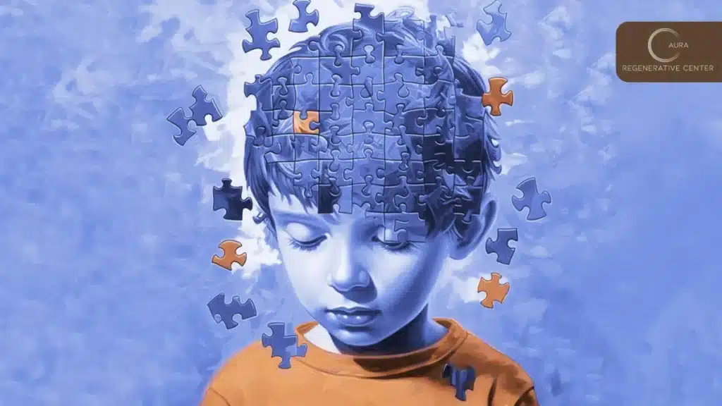 Child with puzzle pieces background.