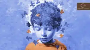 Child with puzzle pieces background.