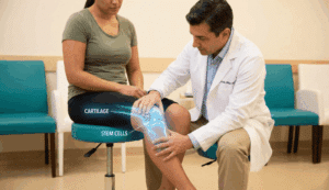 Doctor examining patient's knee treatment options.