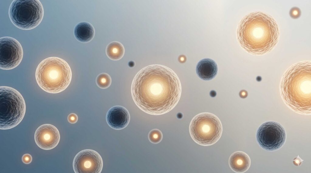 Floating spherical cells with bright centers are scattered on a light, blurred background, reminiscent of a scientific illustration and evoking the distinct appearance of Dezawa MUSECells.