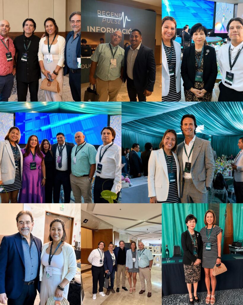 A collage of groups of people at a conference, posing for photos indoors and outdoors, wearing badges and business attire, with event banners and tables in the background.